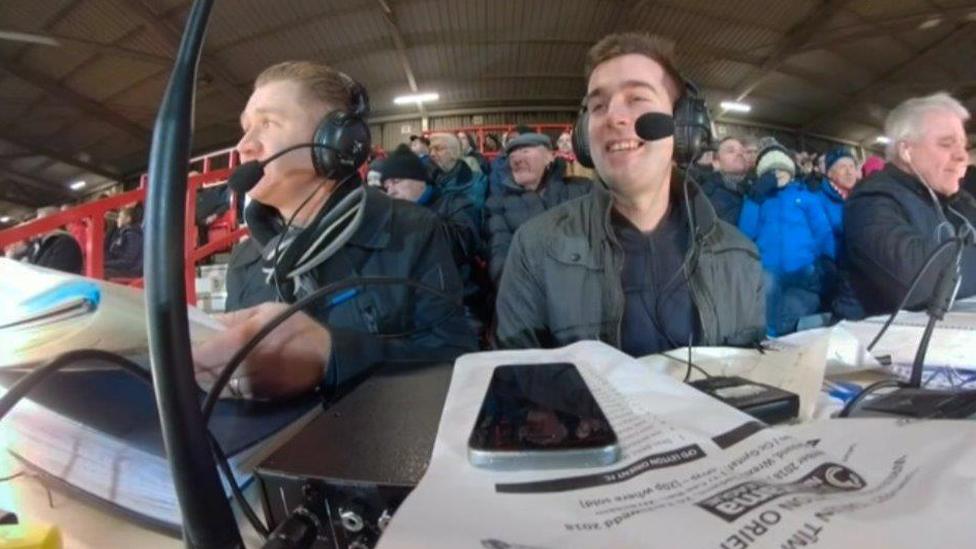 The commentary team in action at The Racecourse