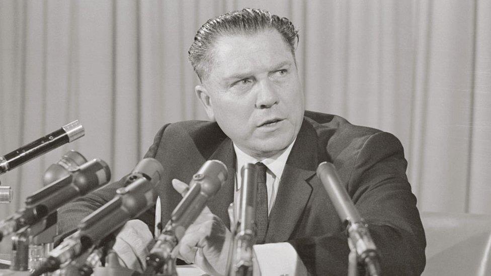 Jimmy Hoffa at a news conference