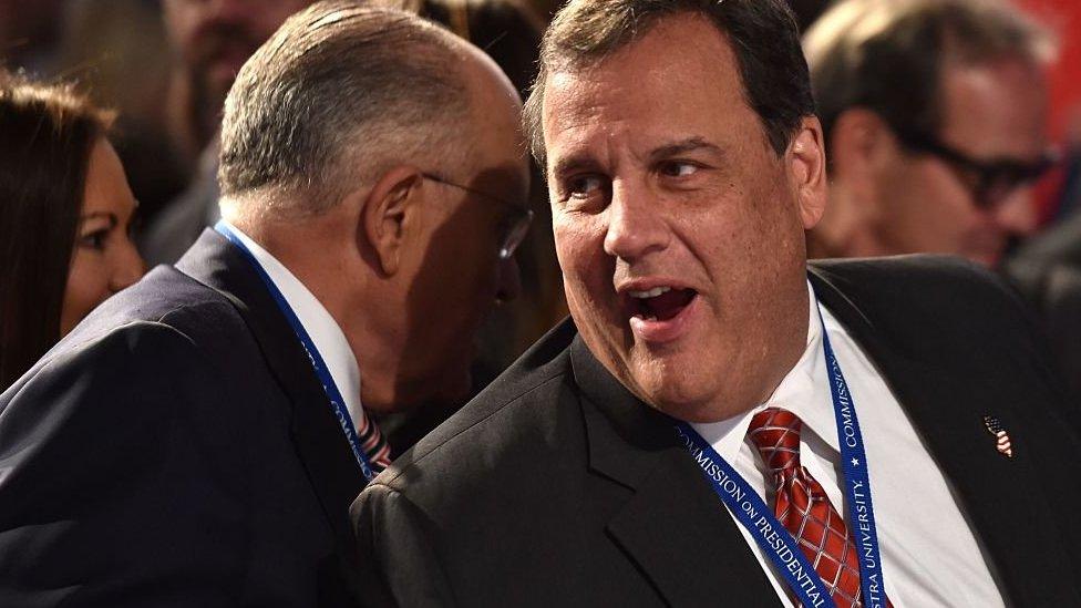 Governor of New Jersey Chris Christie (R) speaks with Former Mayor of New York City Rudy Giuliani before the first presidential debate at Hofstra University in Hempstead