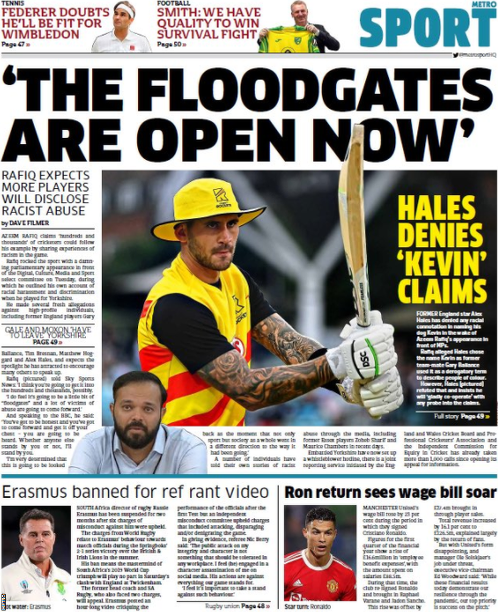 Back page of the Metro on 18 November 2021