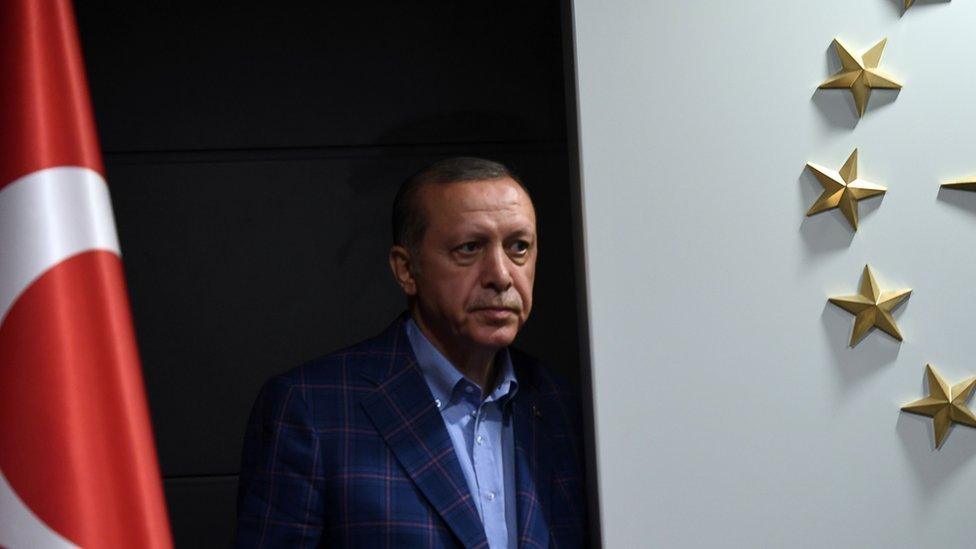 President Recep Tayyip Erdogan prepares to give a speech at AKP headquarters in Istanbul on 16 April