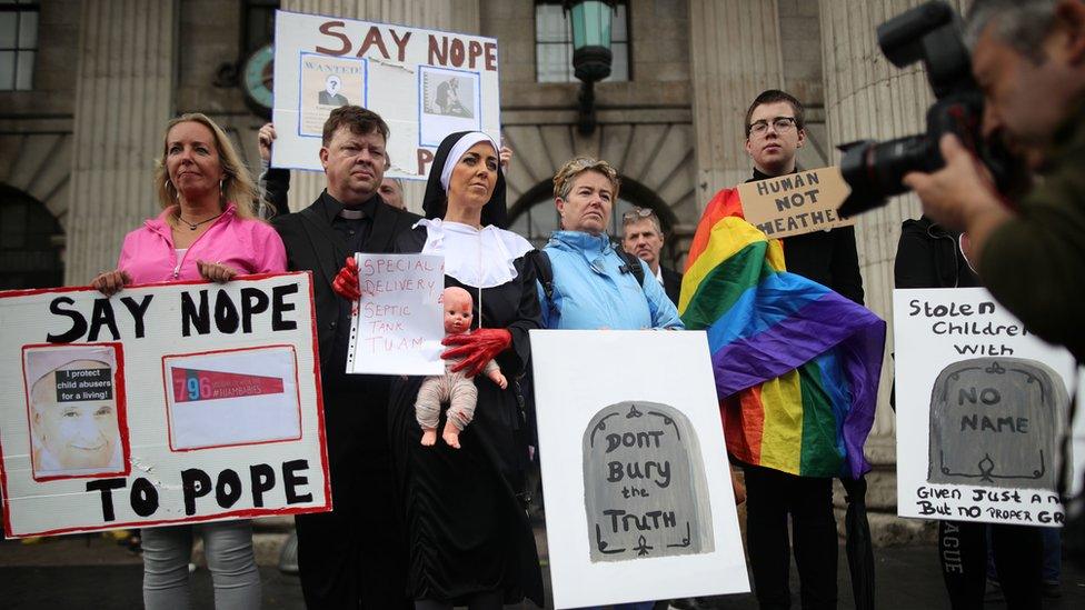 Clerical sex abuse protesters assemble at the General Post Office (GPO) on O'Connell Street in Dublin