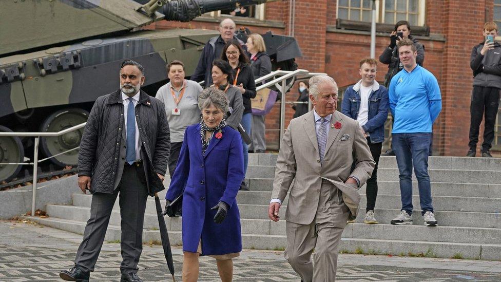 The Prince of Wales and Lord Lieutenant of Tyne and Wear Susan Winfield leave The Discovery Museum as they walk across to The Princes Trust Cheryl's Trust Centre in Newcastle