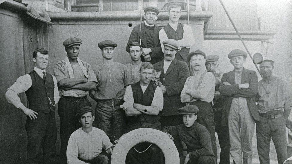 Steam ship crew in Cardiff Docks