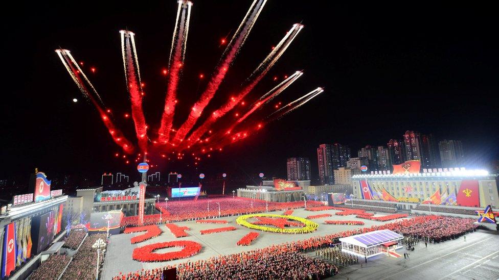 General view of a military parade to mark the 75th founding anniversary of North Korea's army