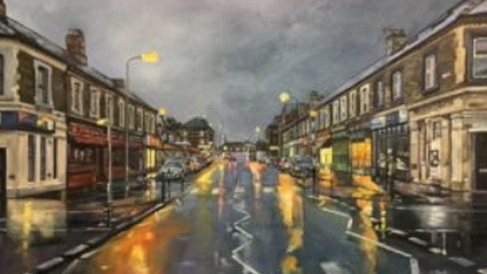 Painting of Splott Rd at dusk