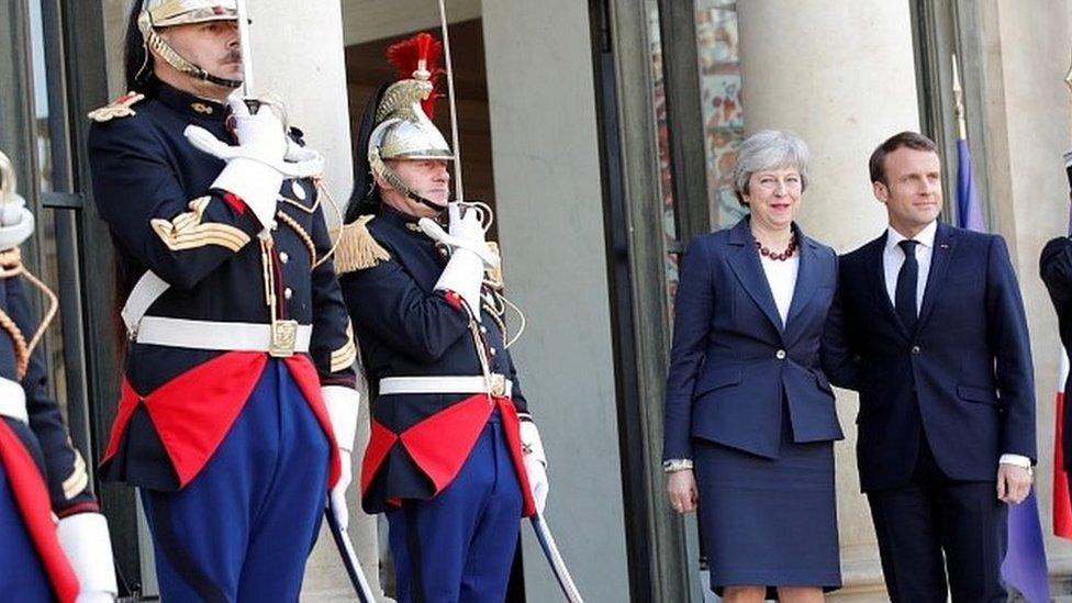 Theresa May and Emmanuel Macron at the Elysee Palace in Paris