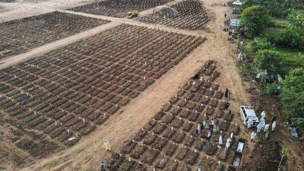 An aerial view of coronavirus (COVID-19) victim burial at Rorotan public cemetery.