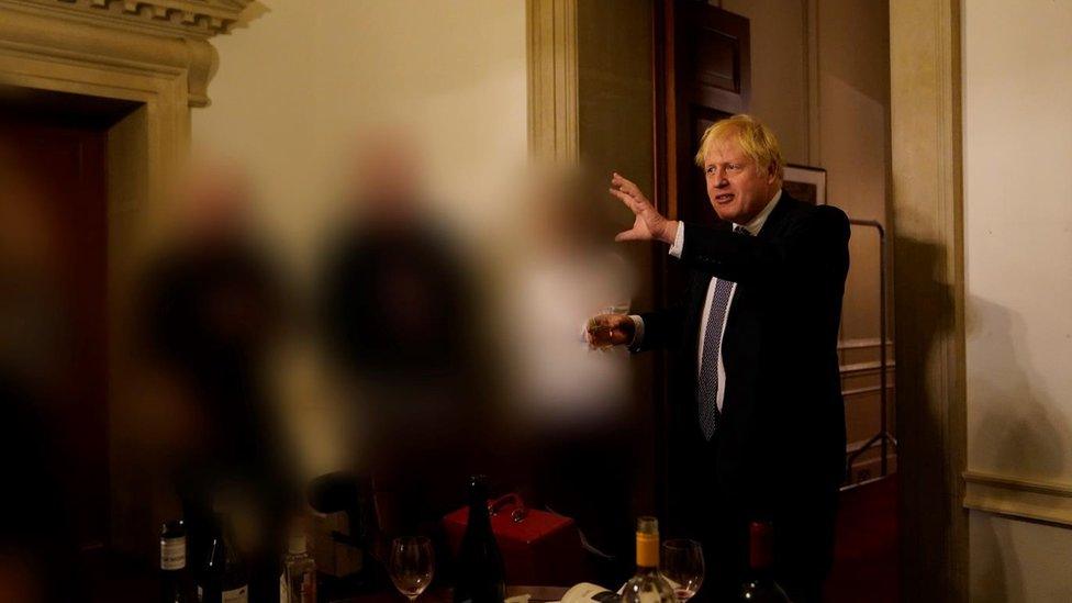 Handout photo dated 13/11/20 issued by the Cabinet Office showing Prime Minister Boris Johnson at a gathering in 10 Downing Street for the departure of a special adviser, which has been released with the publication of Sue"s Gray report into Downing Street parties in Whitehall during the coronavirus lockdown. Issue date: Wednesday May 25, 2022.