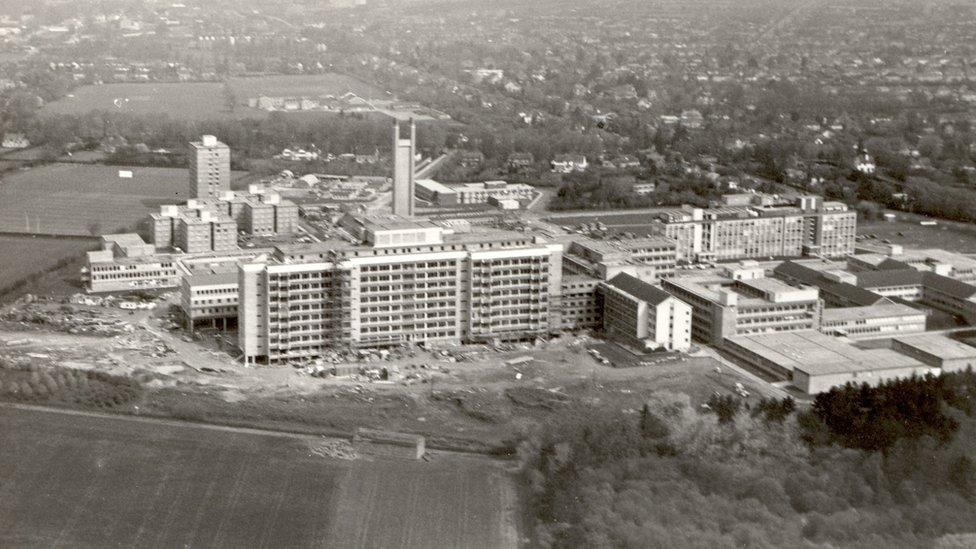 Aerial photograph of the hospital as it was in 1972 when Stage II of the building had been completed