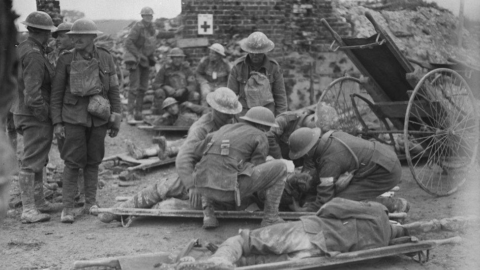 Canadian soldiers having their wounds treated during the August 1917 advance on Hill 70