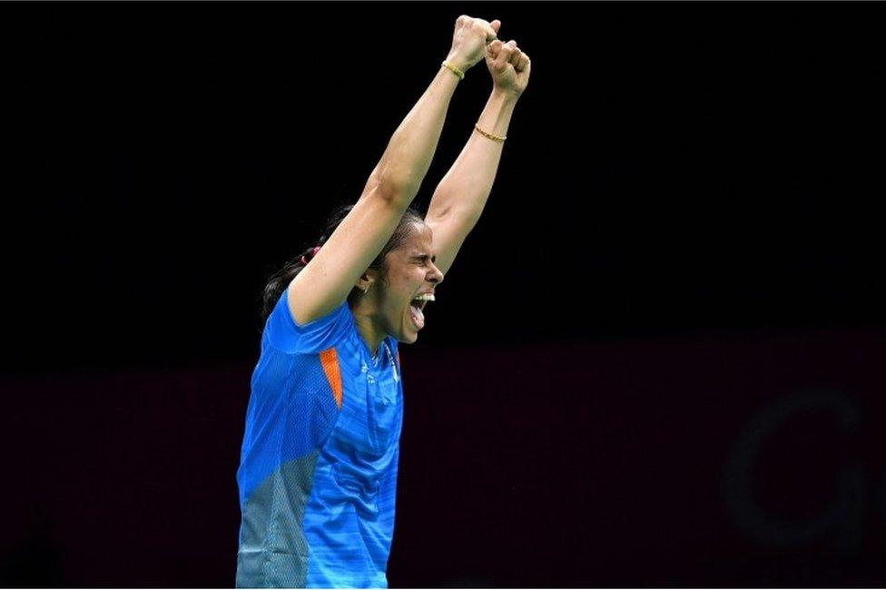 India"s Saina Nehwal celebrates her victory over her India"s Venkata Pusarla in their badminton women"s single final match at the 2018 Gold Coast Commonwealth Games in Gold Coast on April 15, 2018.