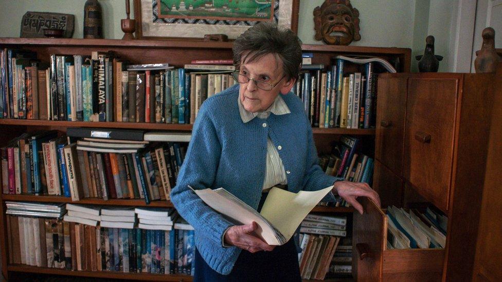 This photo taken on 9 May 2014 shows US journalist and Kathmandu-based mountaineering expert Elizabeth Hawley holding a folder as she speaks during an interview with AFP in Kathmandu