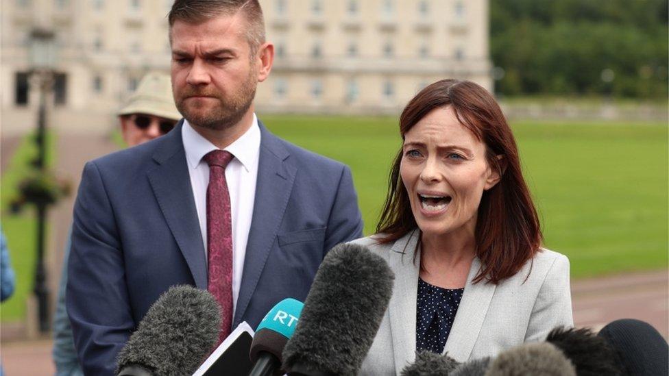 SDLP deputy leader Nichola Mallon and Colin McGrath speak with the media outside Stormont House in Belfast