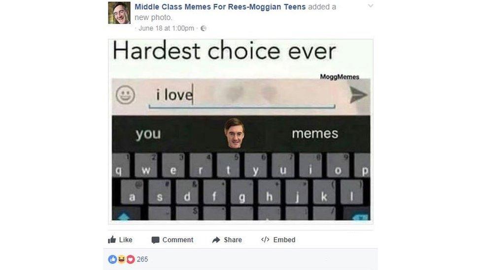 Meme from the Facebook page: "hardest choice ever" and a screenshot of a text message autocomplete : I love ... you? Jacob Rees Mogg? memes?