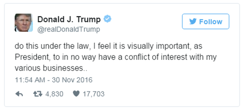 A tweet from Donald Trump reads: "do this under the law, I feel it is visually important, as President, to in no way have a conflict of interest with my various businesses.."