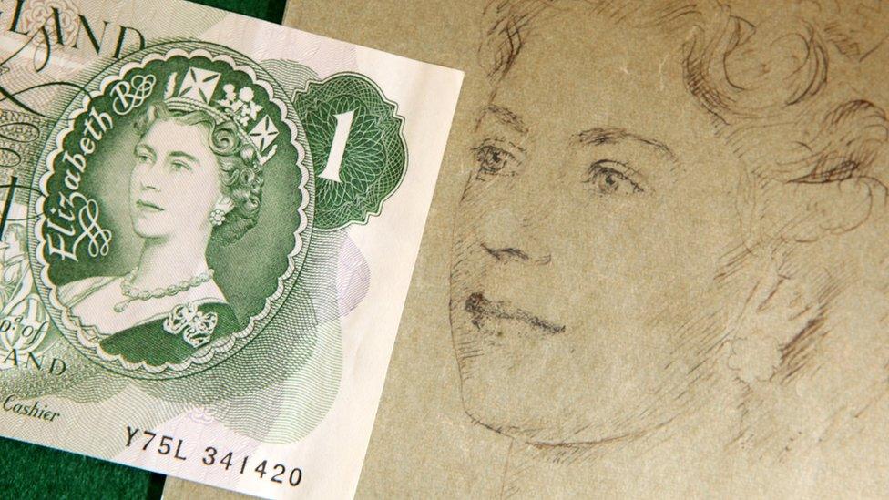 The first banknote to carry a portrait of the Queen is positioned next to a preliminary pencil sketch on tracing paper