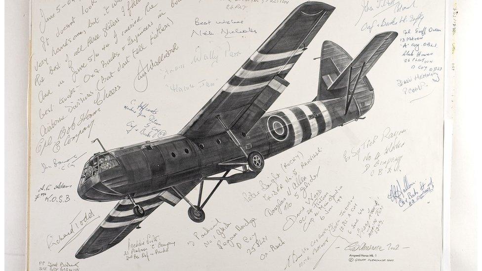 Drawing of Horsa Glider, signed by veterans of the Pegasus Bridge operation