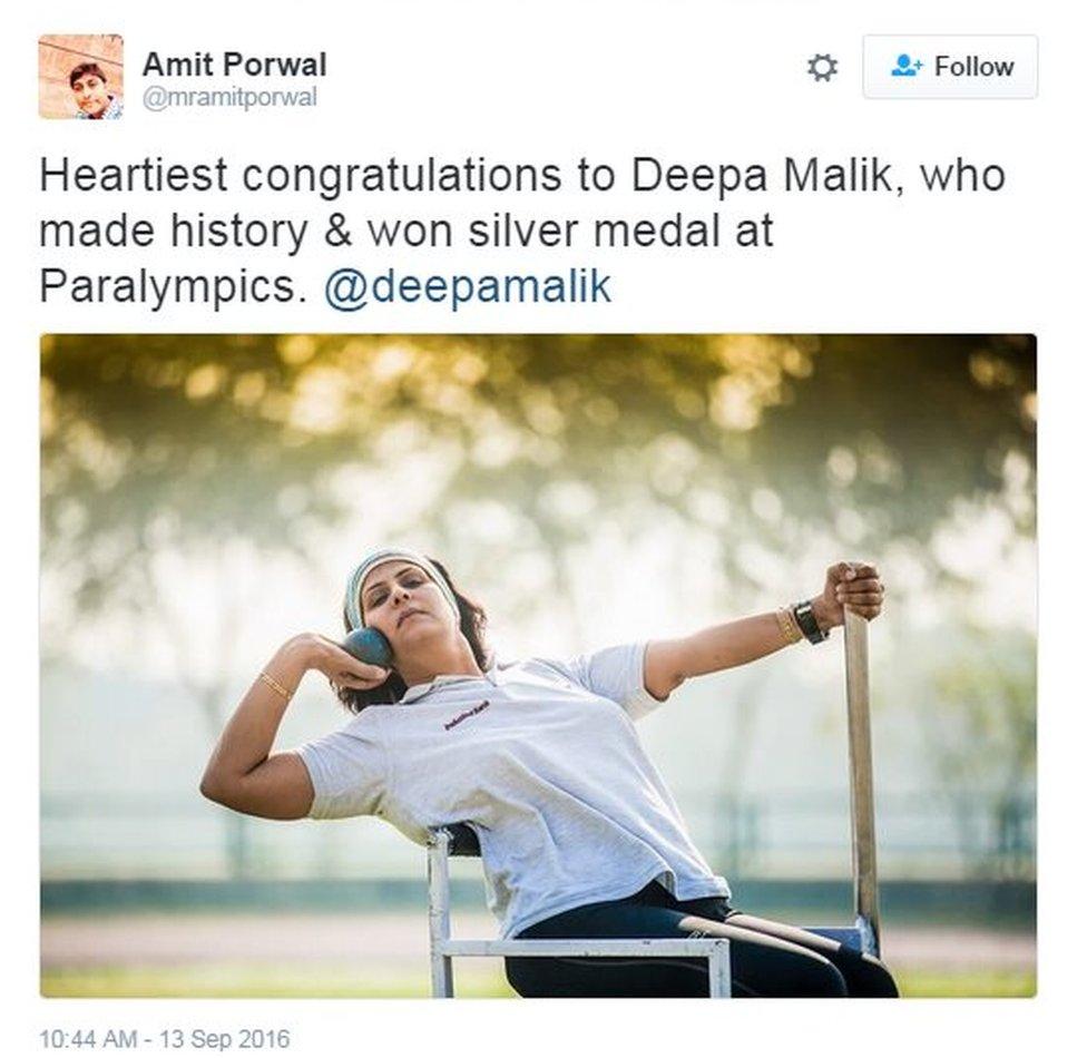 Heartiest congratulations to Deepa Malik, who made history & won silver medal at Paralympics. @deepamalik