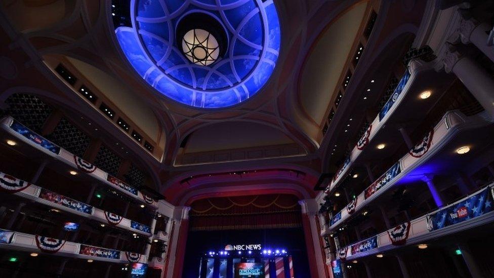 Democratic party presidential candidates Martin O'Malley, Hillary Clinton and Bernie Sanders participate in the NBC News -YouTube Democratic Candidates Debate (17 January 2016)