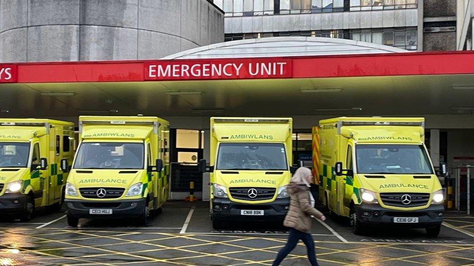 Ambulances outside University Hospital Wales, Cardiff