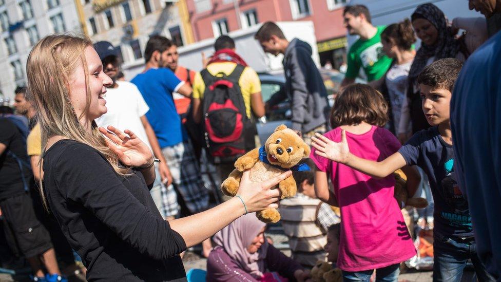 Soft toys distributed to refugees in Munich, 1 Sep 15