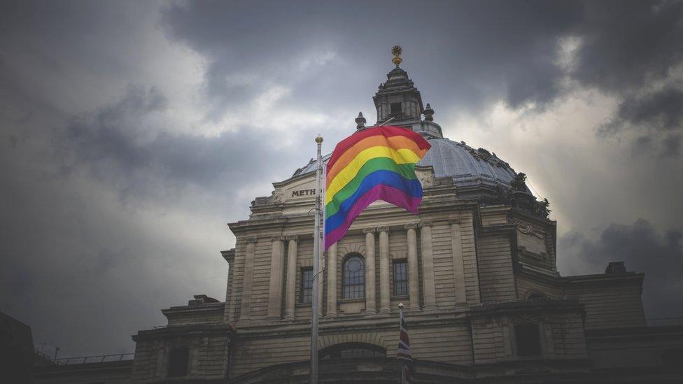 The Methodist Central Hall in Central London with the Rainbow flag