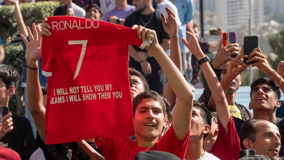 Fans outside Cristiano Ronaldo's hotel in Tehran, 18 September 2023