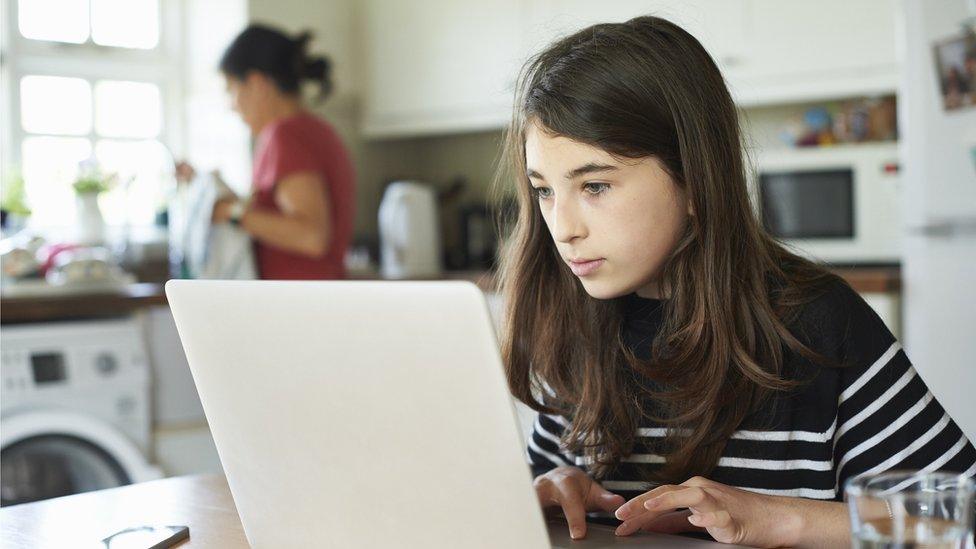 child on laptop being home schooled