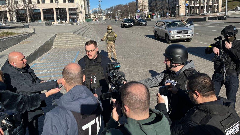 Denys Monastyrsky speaking to the media in Kyiv in the early days of Russian invasion