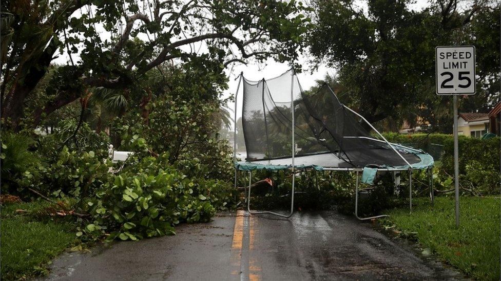 Trees and a trampoline are pictured blown into a road