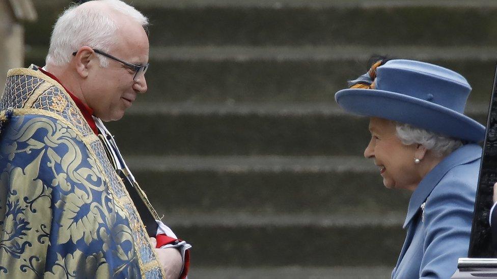 Queen Elizabeth II is greeted by The Very Reverend Dr David Hoyle, Dean of Westminster