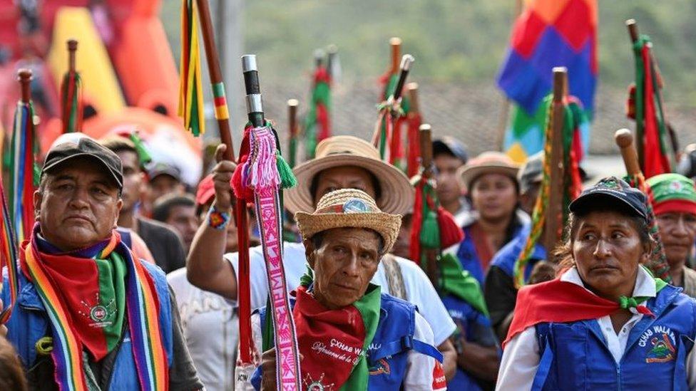 Indigenous guards attend a meeting in the municipality of Toribio on October 11, 2019