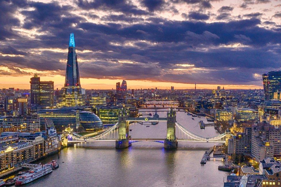 Central London at night during lockdown, with London Bridge in view