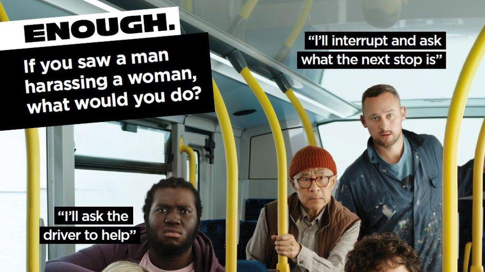 Poster from the government's 'Enough' campaign, asking 'If you saw a man harassing a woman, what would you do?'