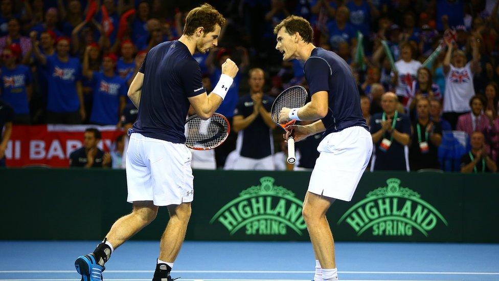 Andy and Jamie Murray in 2015 Davis Cup at Emirates Arena in Glasgow