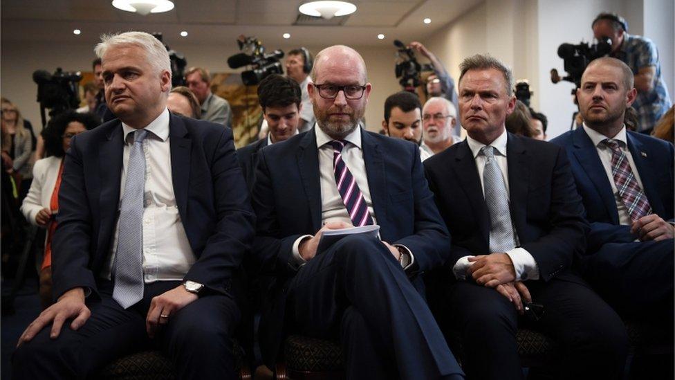 Paul Nuttall, centre, with MEP Patrick O'Flynn and deputy leader Peter Whittle