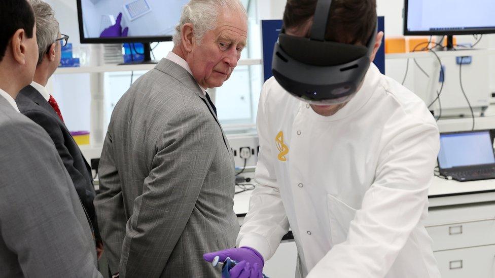 The Prince of Wales (left) receives a demonstration of how augmented reality helps with Hololens technology during a visit to AstraZeneca to officially open their new global Research and Development facility at the Cambridge Biomedical Campus