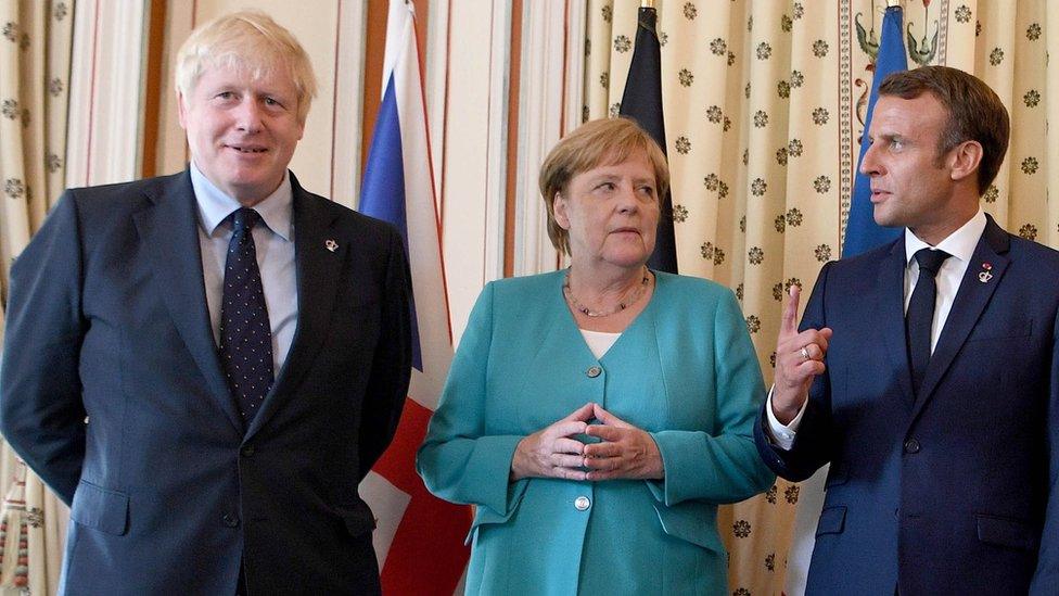 Britain"s Prime Minister Boris Johnson is joined by Germany"s Chancellor Angela Merkel, France"s President Emmanuel Macron