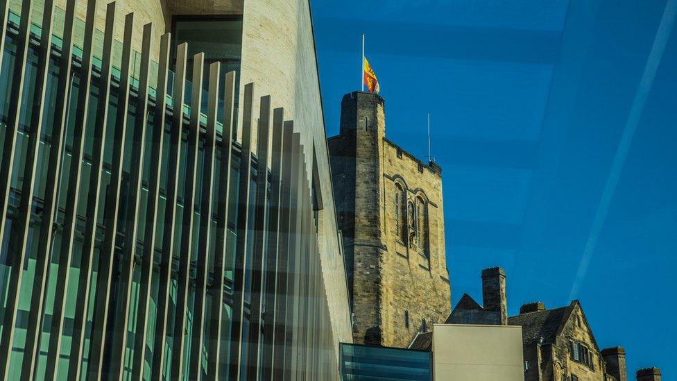 Old and new - steel and glass of Pontio with views of the old college building