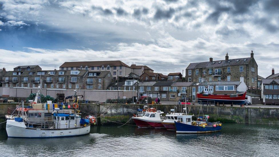 View of boats in the harbour at Seahouses