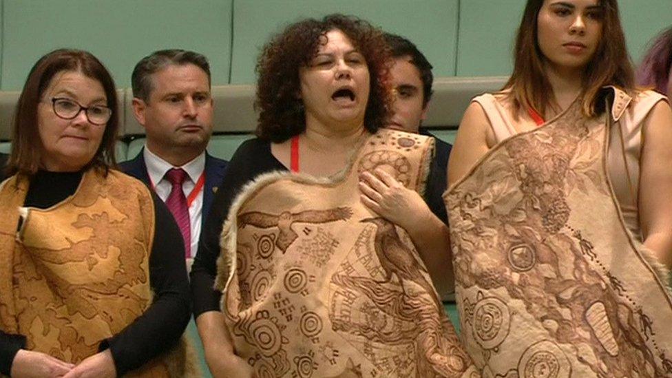 Wiradjuri woman Lynette Riley sings a welcome from the public gallery. 31 Aug 2016