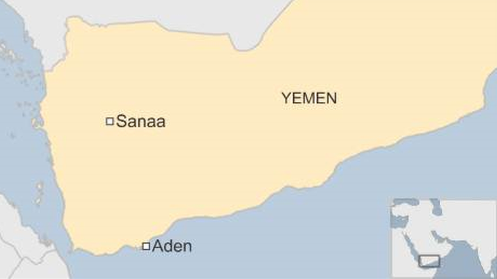 A map showing Aden and Sanaa in Yemen