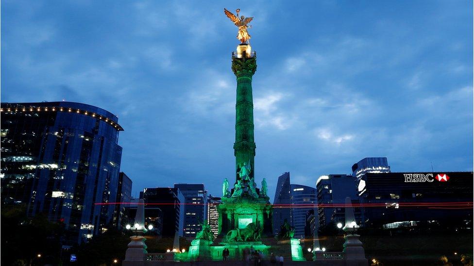 Angel of Independence monument, Mexico City, lit up green