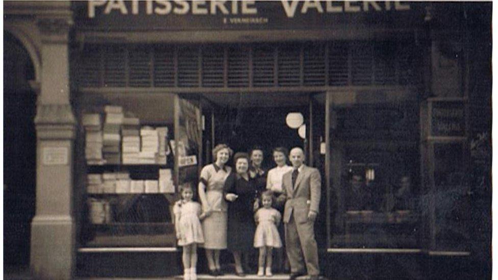 The Vermeirsch family at Patisserie Valerie, Old Compton Street in July 1950. (Left to right) Julia, Marie Louise, Auntie Esther, Auntie Selma, Leni, Mama, Pa.