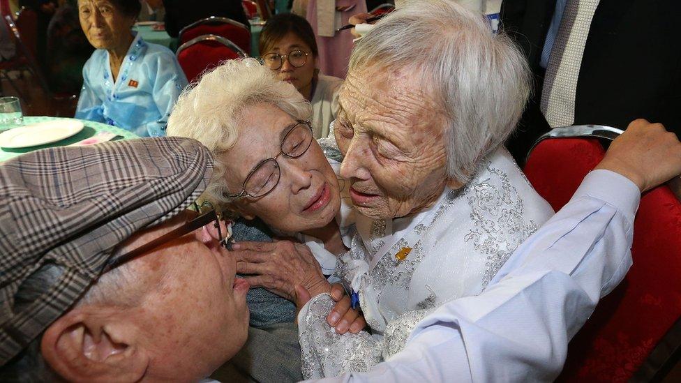 North Korean Cho Soon-Do, 89 (R) meets with her South Korean sister Cho Hae-Do, 86, and brother Cho Do-Jae, 75