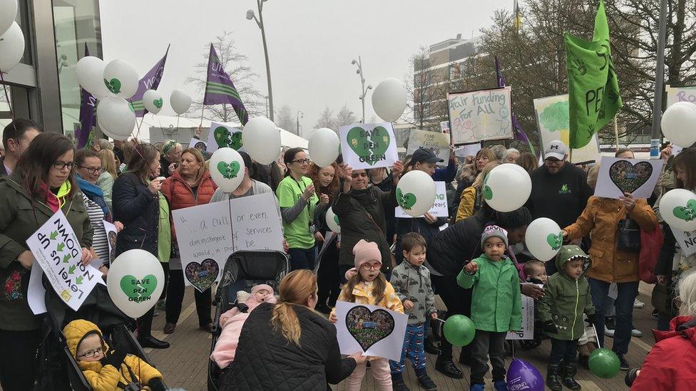 Parents and children at the Pen Green protest