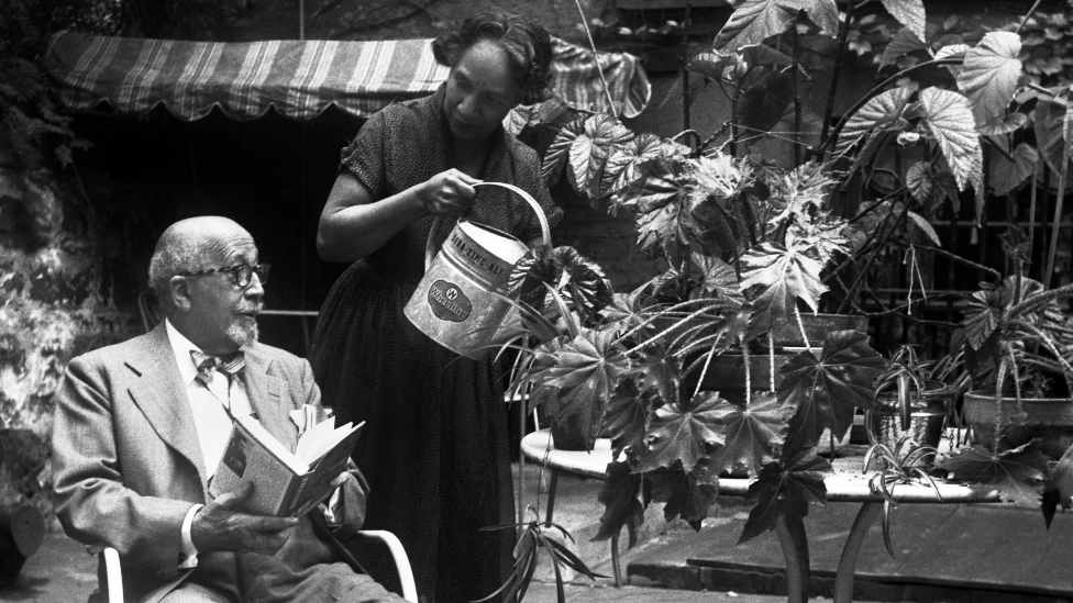 WEB Du Bois with his wife author, playwright, composer, and activist Shirley Graham Du Bois at their home at 31 Grace Court in Brooklyn Heights in 1958 in New York, the US