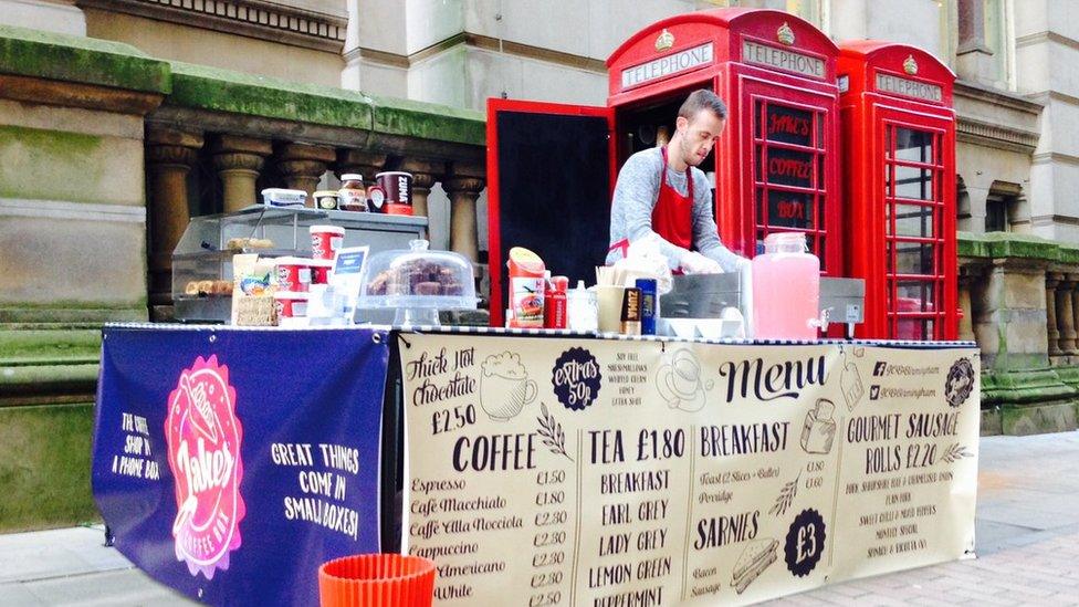 Phone box used as a coffee shop in Birmingham