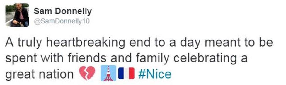 Tweet from user SamDonnelly10 reads: A truly heartbreaking end to a day meant to be spent with friends and family celebrating a great nation